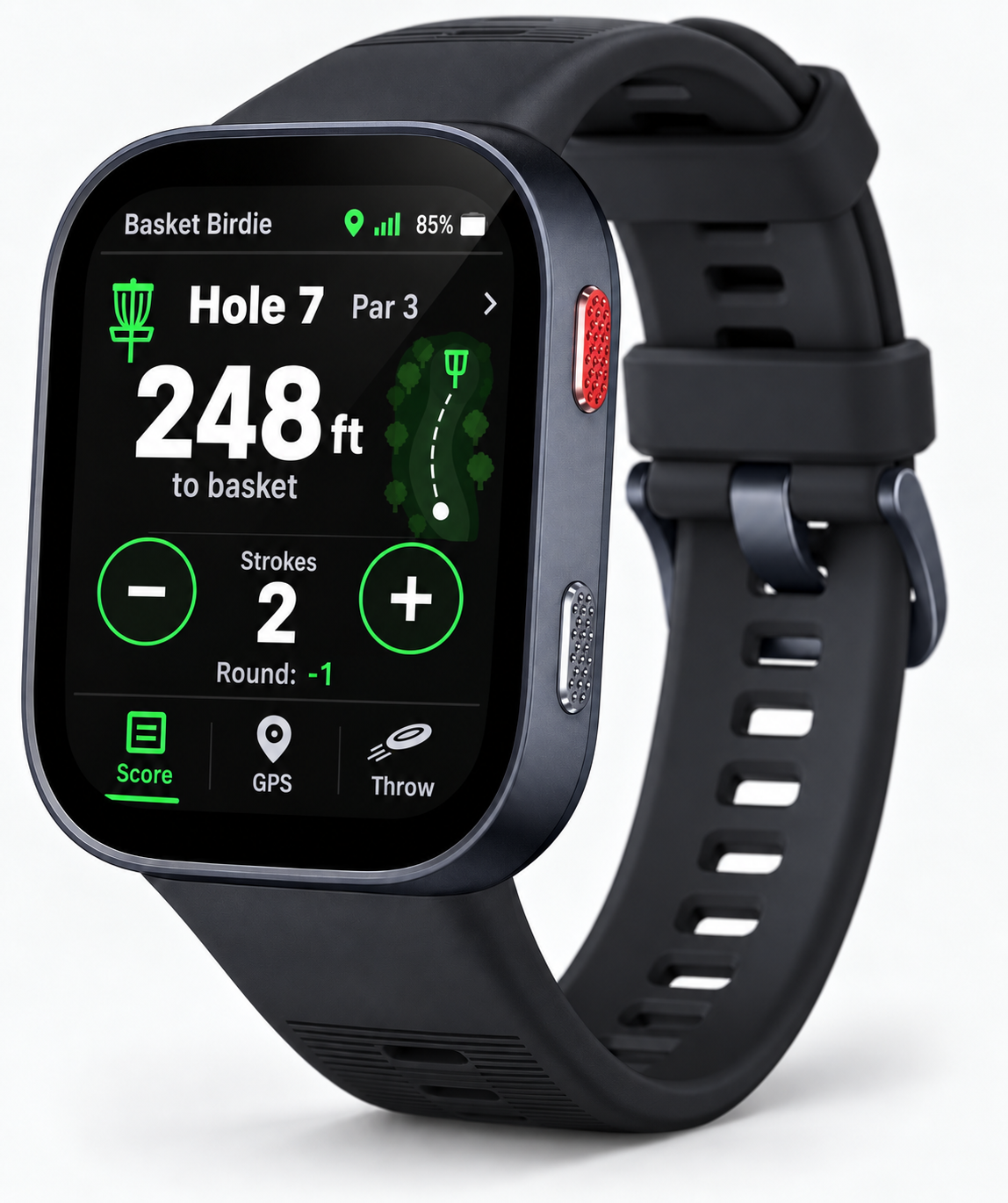 Basket Birdie scorecard interface mockup on an Amazfit Bip Max watch